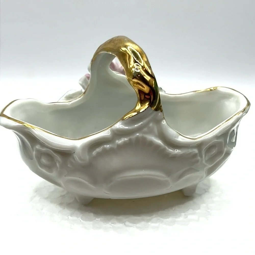 Pink and Blue Floral Porcelain Basket Gold Tone Mini